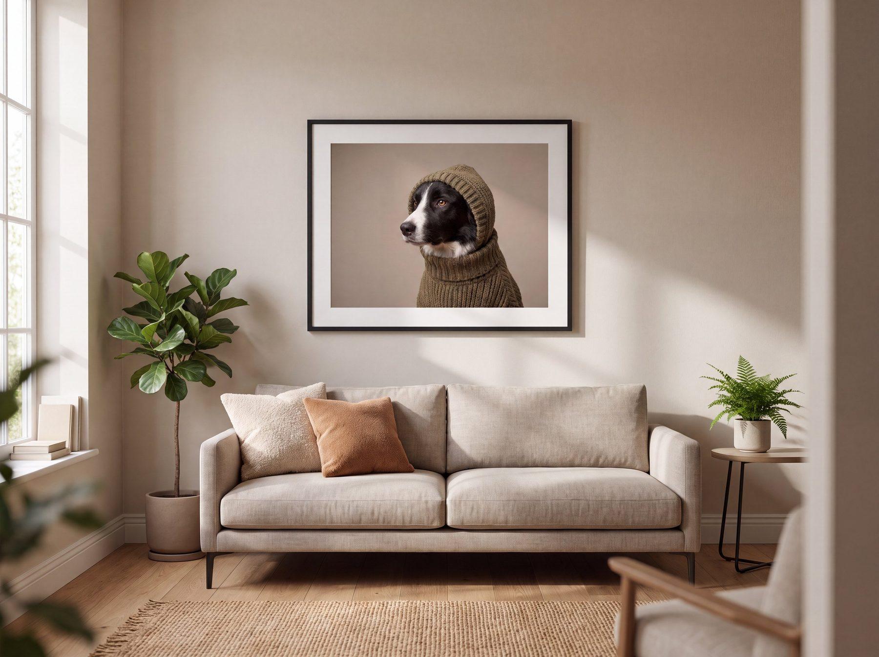 Gerahmtes Tierporträt über einem Sofa