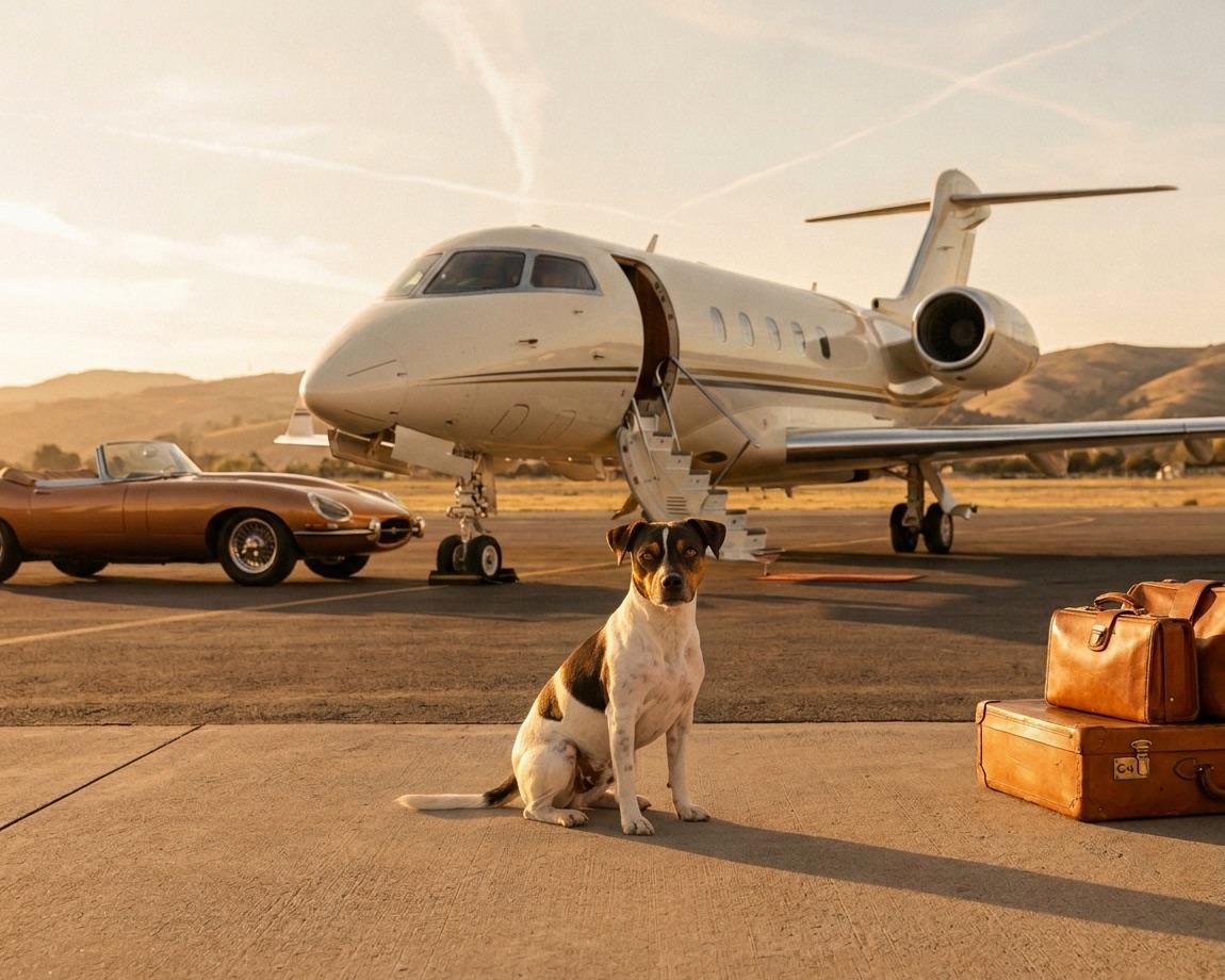Tierporträt im Stil Jet Set: Hund auf dem Rollfeld vor einem Privatjet, Oldtimer und Lederkoffern in der Abendsonne
