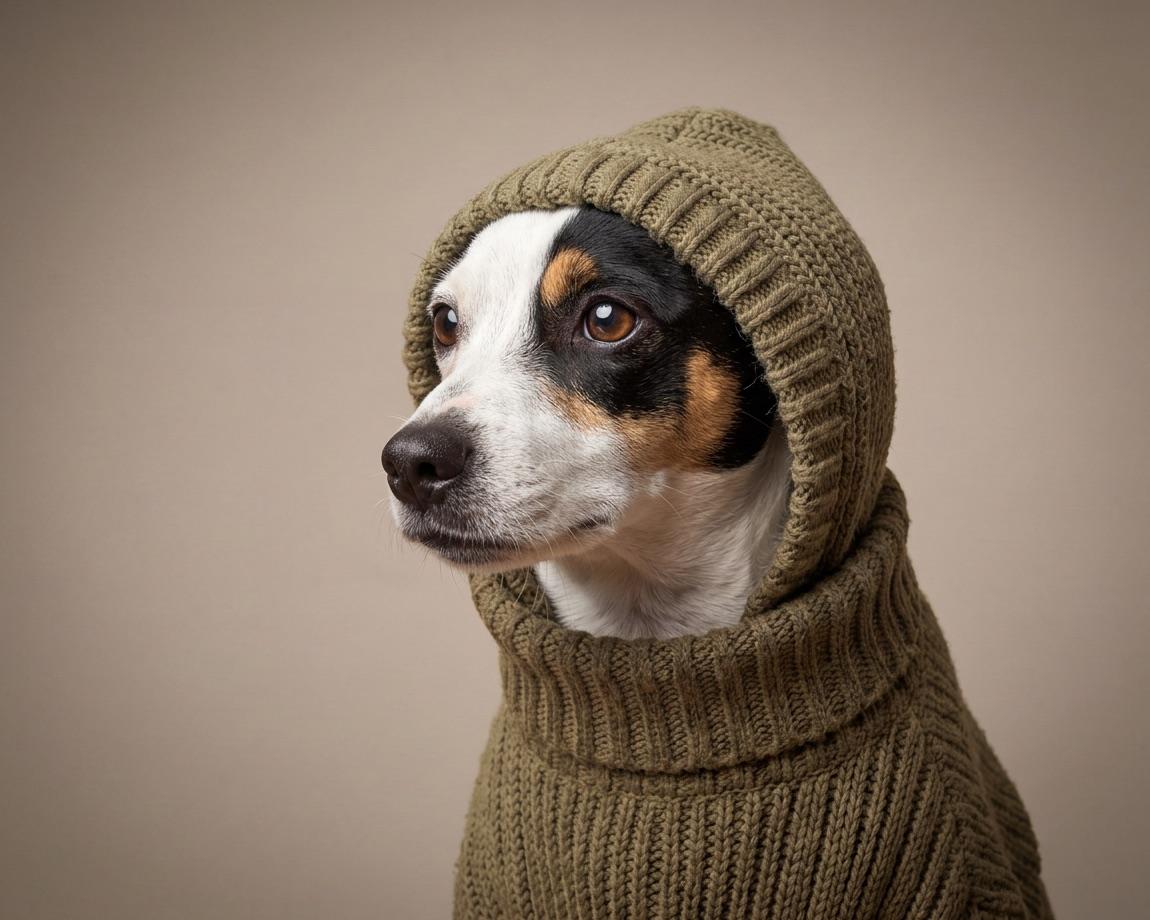 Tierporträt im Stil Modern: Hund im olivgrünen Strickpullover mit Kapuze vor greige-beigem Studiohintergrund
