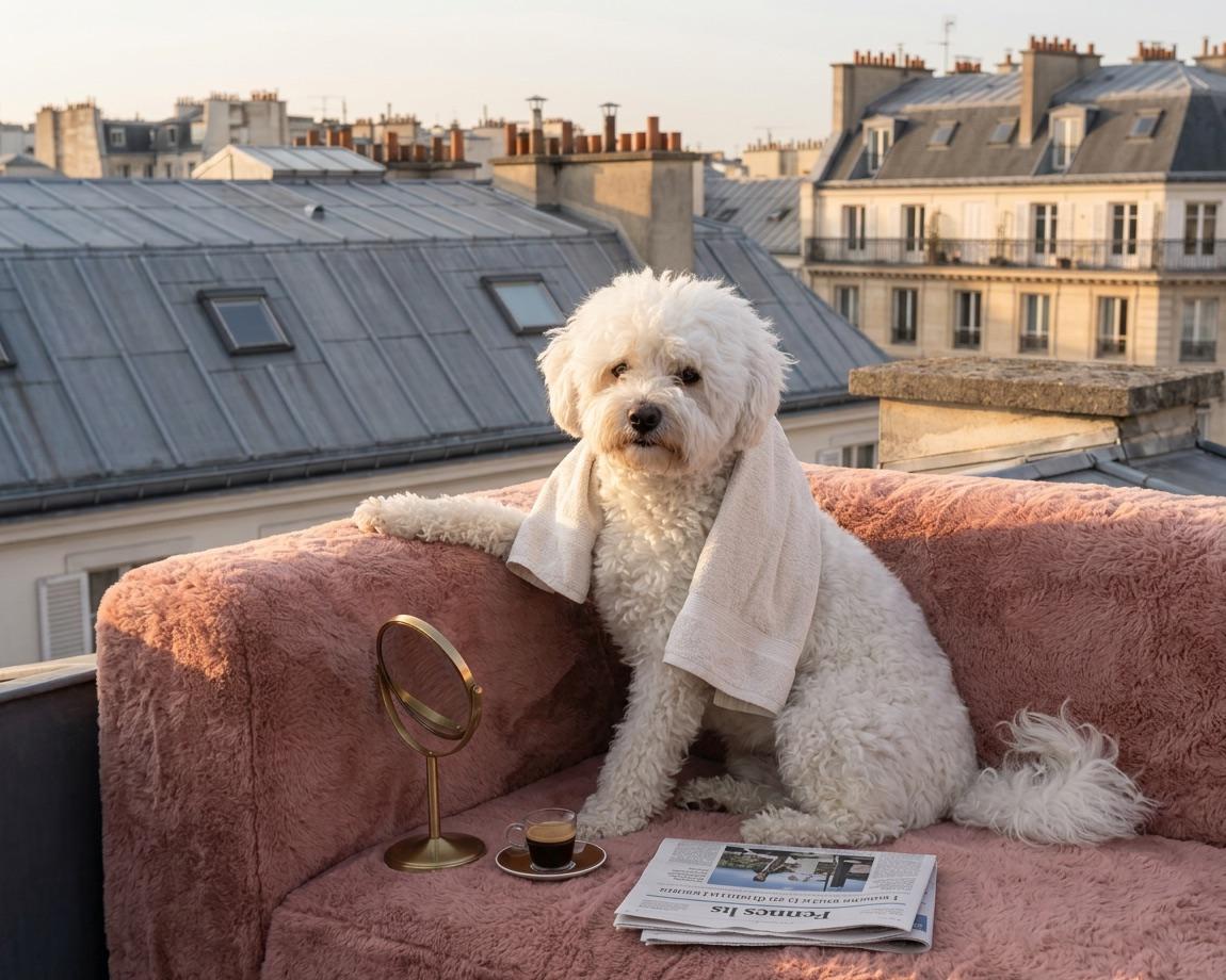 Tierporträt im Stil Paris: Hund auf einem altrosa Fellsofa auf einer Pariser Dachterrasse im Abendlicht