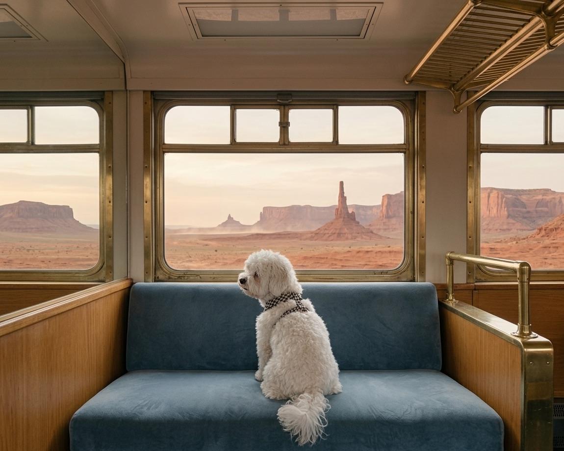 Tierporträt im Stil Train: Hund auf einer blauen Samtbank im Zugabteil, mit Blick aus dem Fenster in eine Wüstenlandschaft